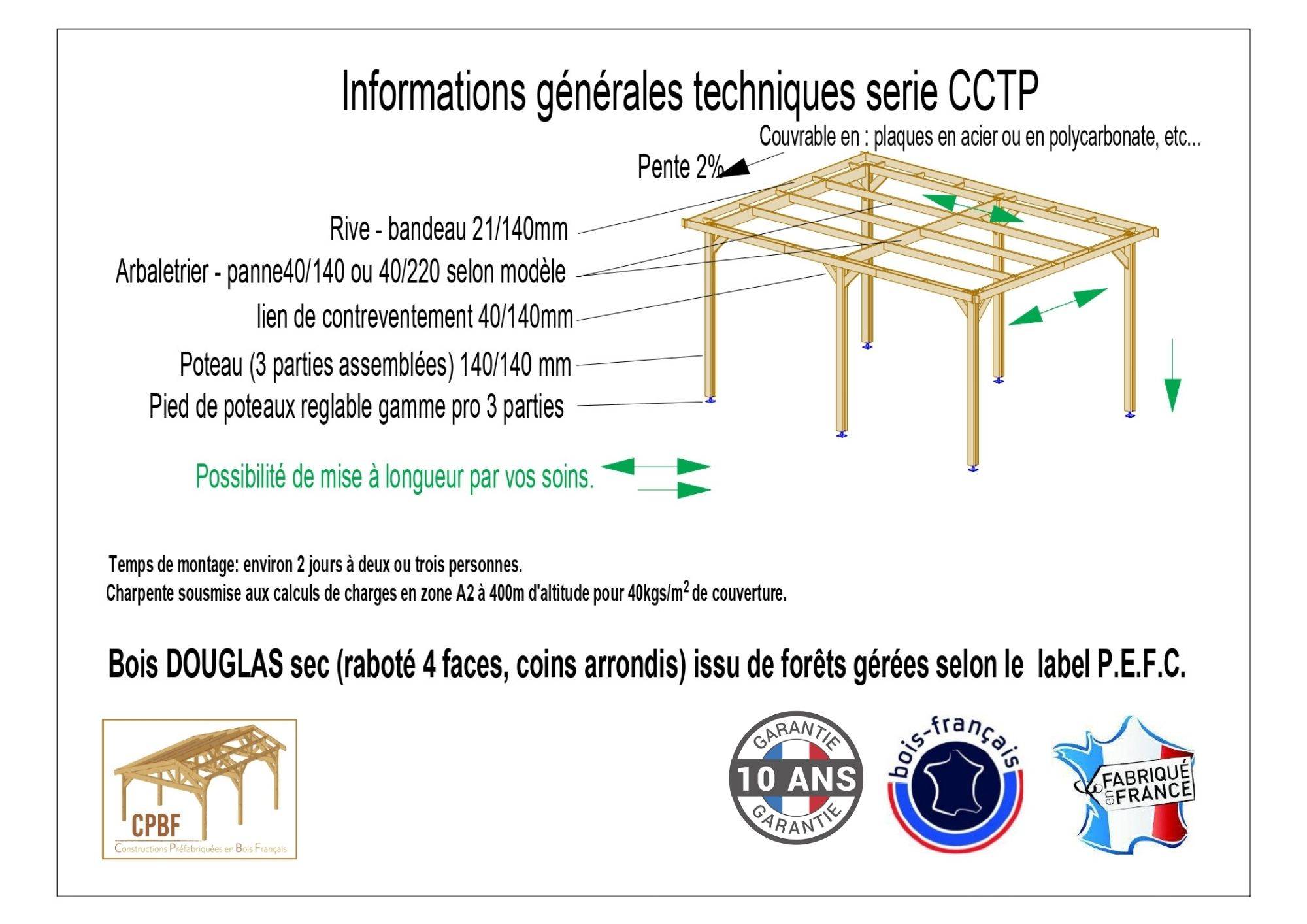 Cpbf Charpentes - Carport toit plat 400cmx750cm bois DOUGLAS français (charpente - auvent - abri camping-car). 30 m². Garantie 10 ans. - Image 2