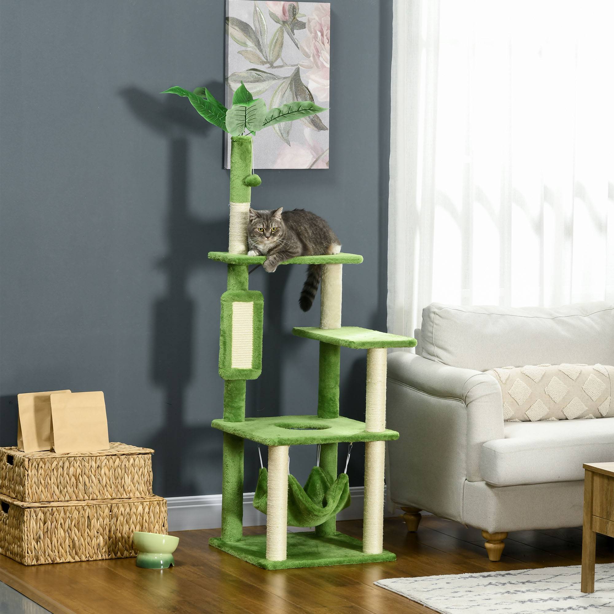Sans Marque - Arbre à chat avec hamac, balle et griffoir en sisal, 49 x 49 x 142 cm, vert