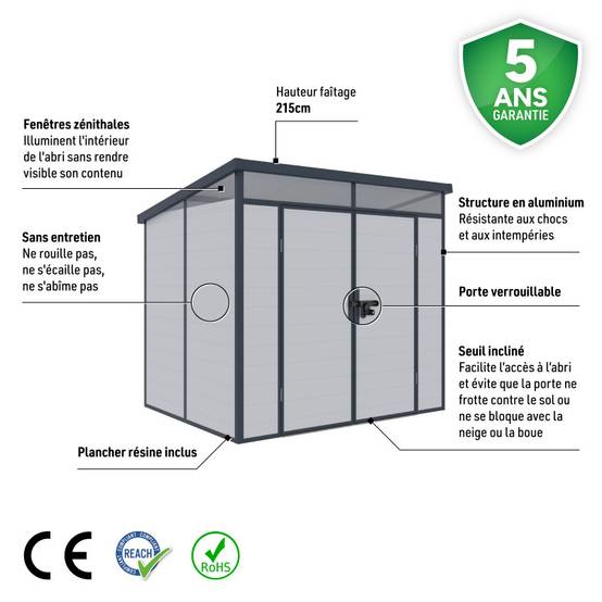 Abri de jardin résine 4,10m² gris clair toit plat avec plancher Jôbu - Image 3