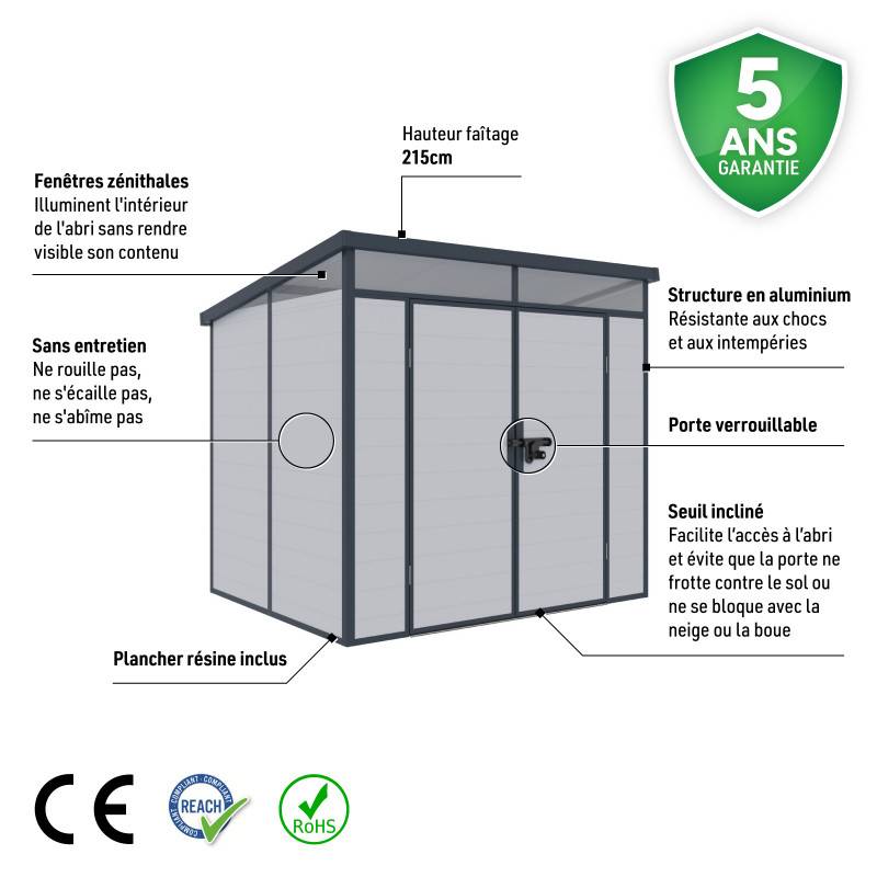 Abri de jardin résine 4,10m² gris clair toit plat avec plancher Jôbu - Image 3