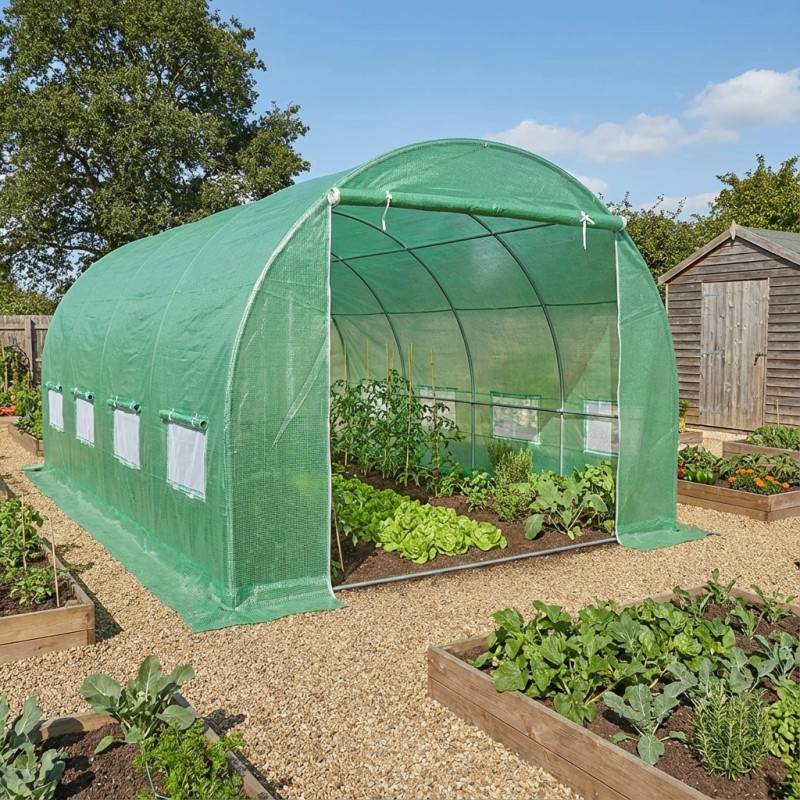Serre tunnel 24m² polyéthylène armé 200gr/m² 3x8m Green Protect vert avec 16 fenêtres et double porte zippée - Image 1