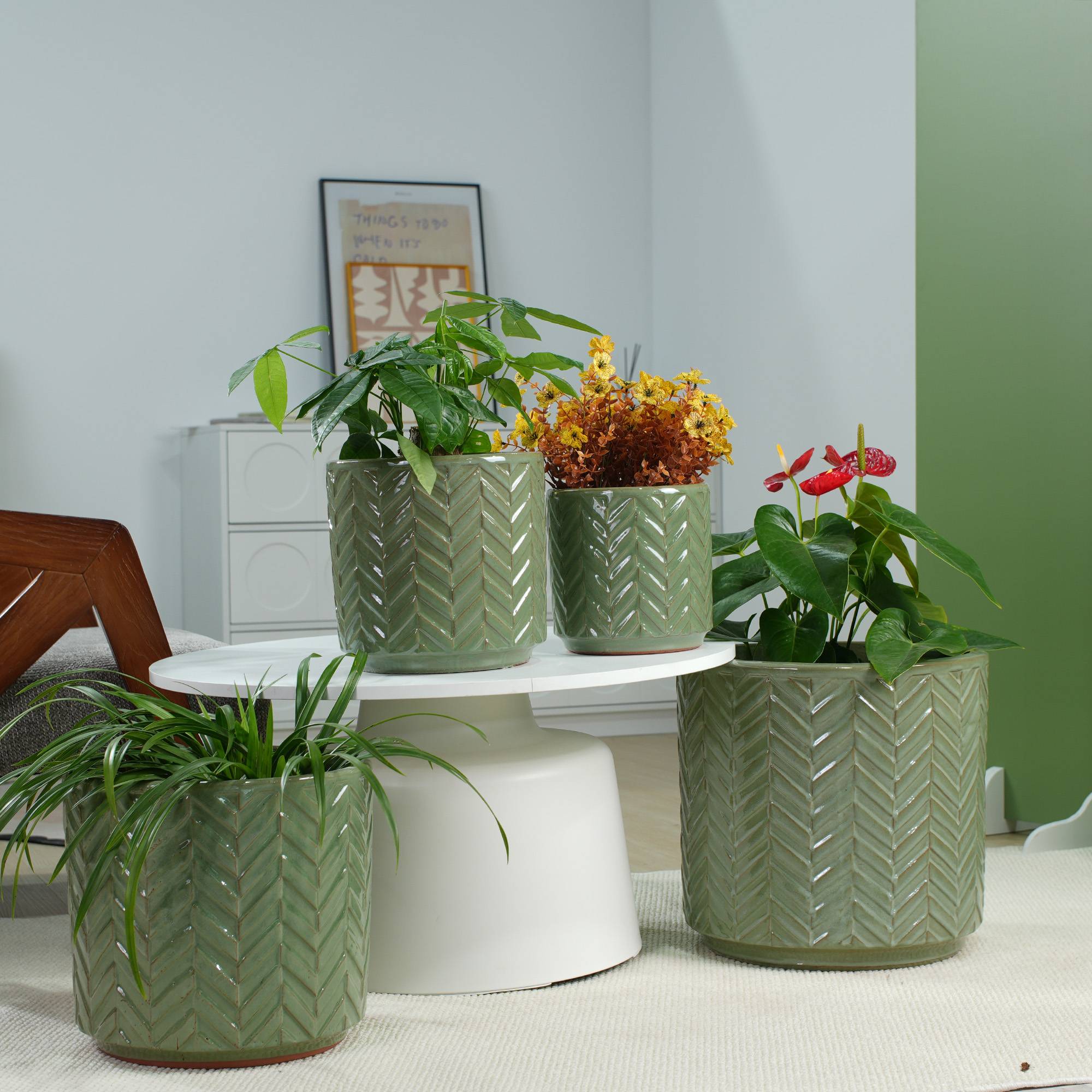ComfortXL - Lot de 4 pots de fleurs céramique vert sauge Ø38/31,5/24,5/20 cm intérieur extérieur drainage - ComfortXL Outdoor Living - Image 1
