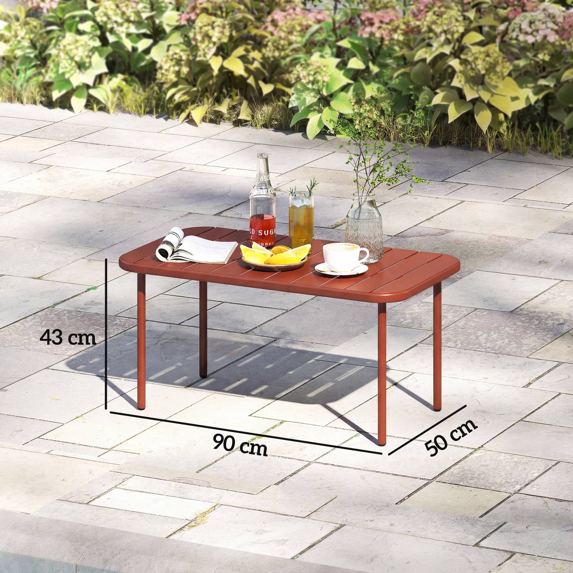 Table Basse de Jardin en Acier Galvanisé, Plateau à Lattes, Table Rectangulaire aux Angles Arrondis, 90x50x43cm, Rouge - Image 5