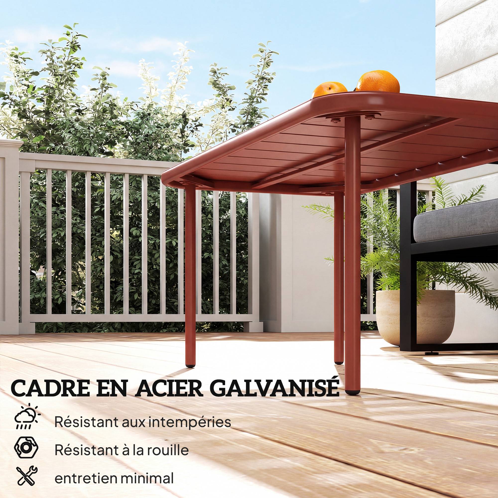Table Basse de Jardin en Acier Galvanisé, Plateau à Lattes, Table Rectangulaire aux Angles Arrondis, 90x50x43cm, Rouge - Image 6