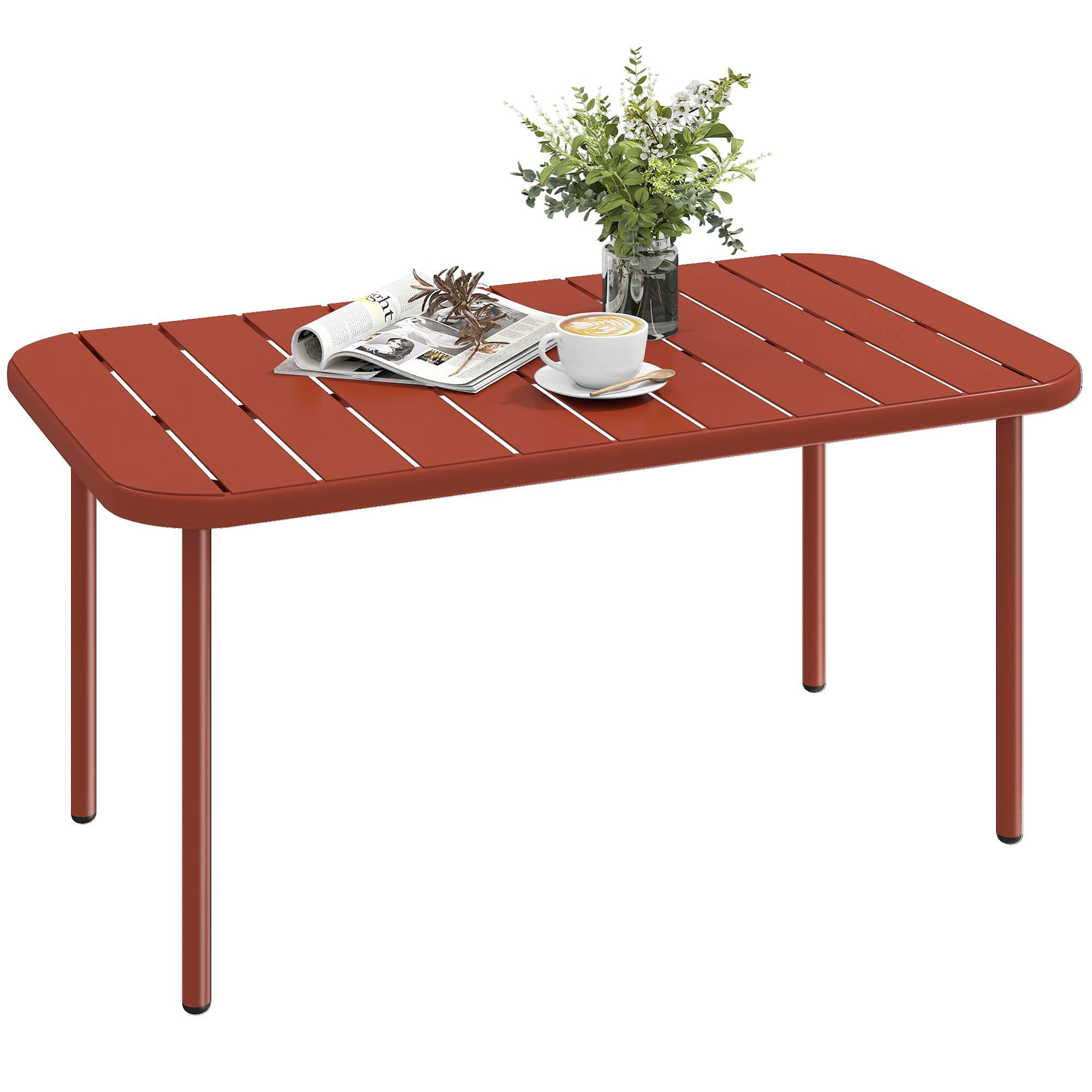 Table Basse de Jardin en Acier Galvanisé, Plateau à Lattes, Table Rectangulaire aux Angles Arrondis, 90x50x43cm, Rouge - Image 1