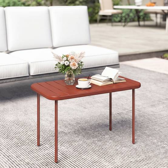 Table Basse de Jardin en Acier Galvanisé, Plateau à Lattes, Table Rectangulaire aux Angles Arrondis, 90x50x43cm, Rouge - Image 4