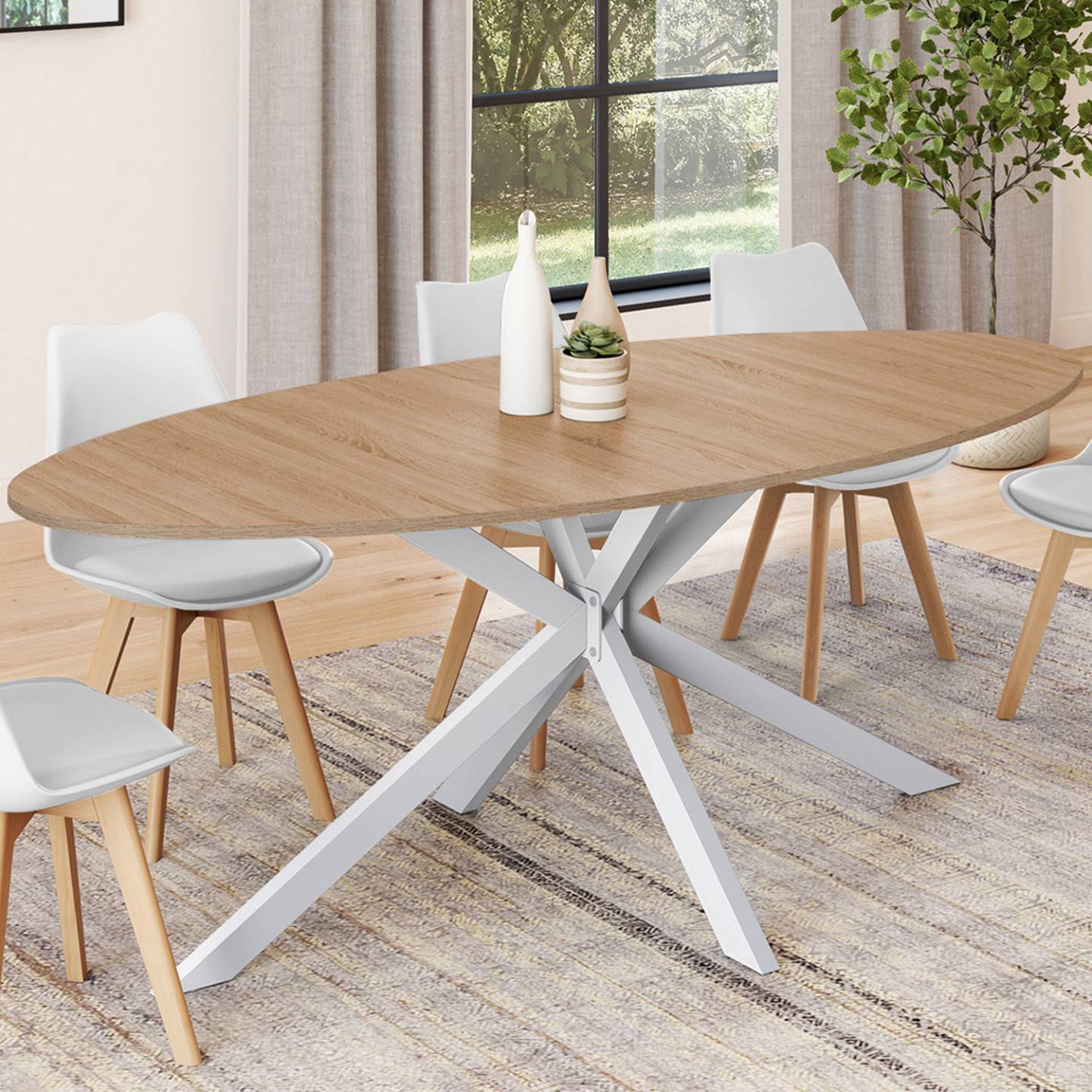 Table à manger ovale ALIX 10 personnes pied araignée bois et blanc 200 cm - Image 1