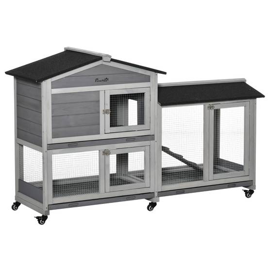 Clapier à lapins à 2 niveaux avec filet de protection et roulettes, en bois et métal, 157,4 x 53 x 99,5 cm, gris - Image 2