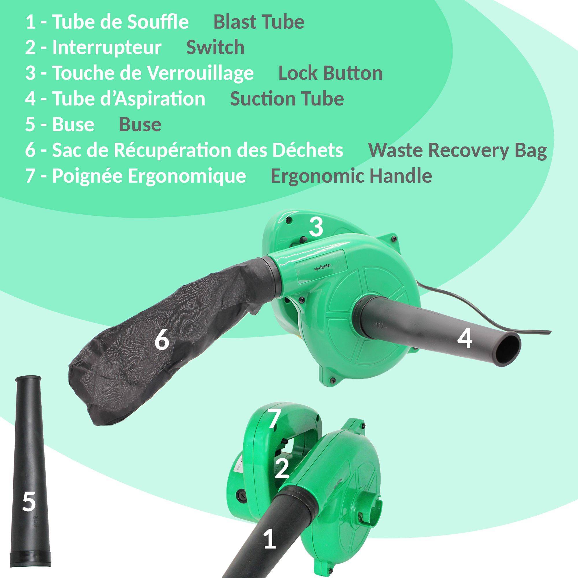 Mini Souffleur de Feuilles Electrique Sac de récupération Longueur du Câble 180cm Compact, Pratique et Léger Jardin - Image 5