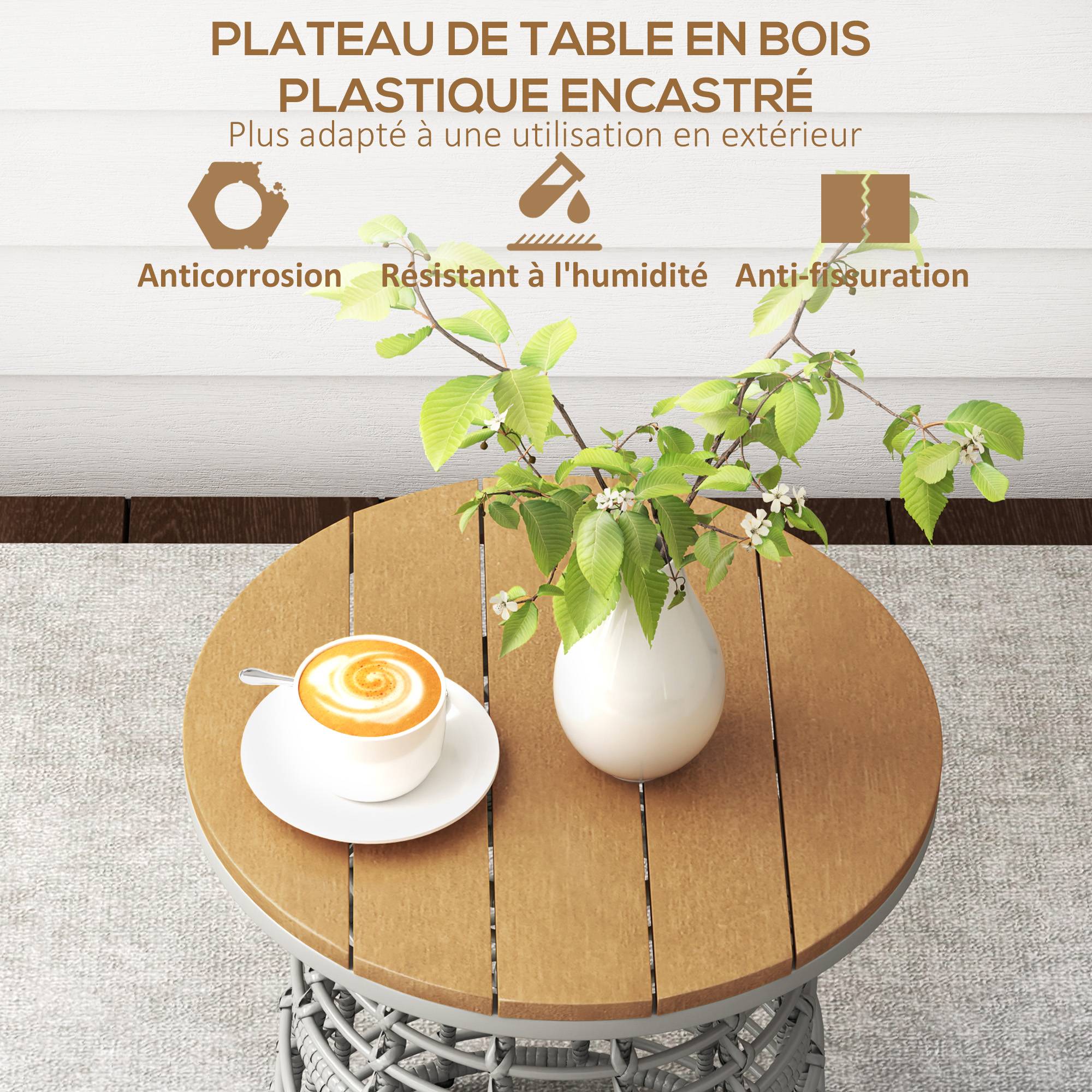Table basse de jardin table d'appoint extérieur ronde en résine aspect rotin acier et plateau composite Ø45 x 50 cm gris - Image 7