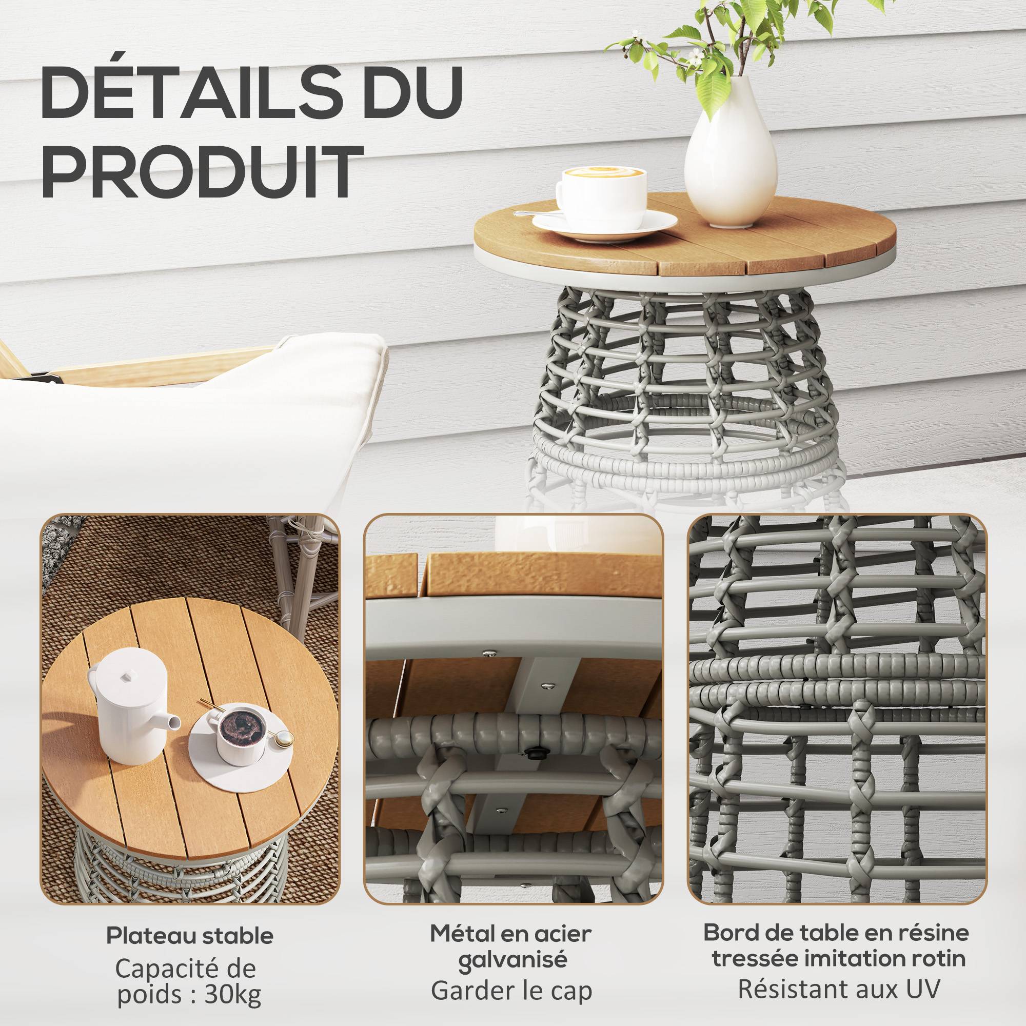 Table basse de jardin table d'appoint extérieur ronde en résine aspect rotin acier et plateau composite Ø45 x 50 cm gris - Image 8
