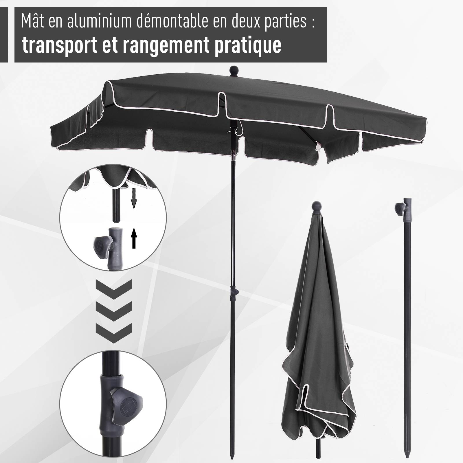 ComfortXL - Parasol droit rectangulaire aluminium jardin terrasse inclinable anti-UV 198x130cm gris - ComfortXL Outdoor Living - Image 8