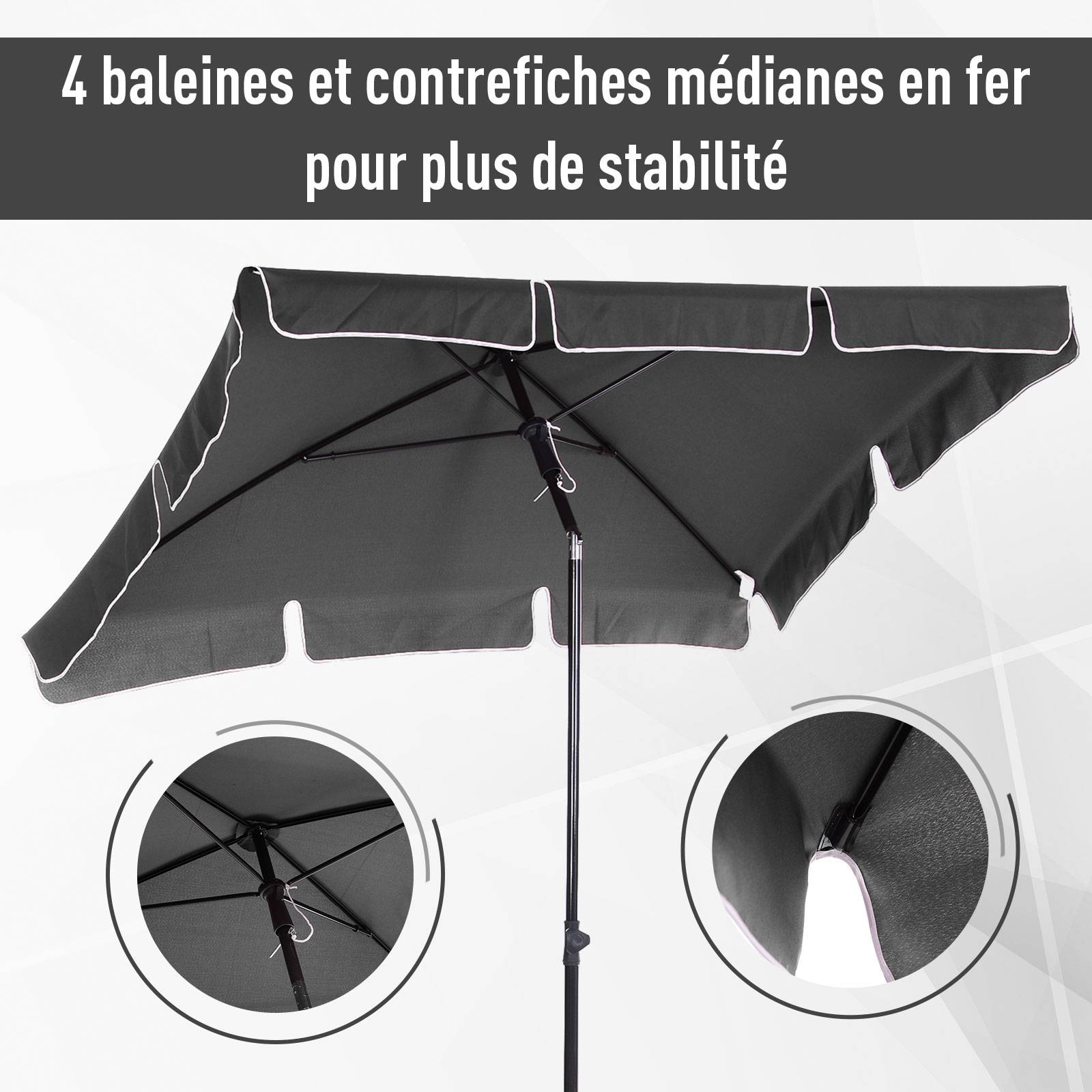 ComfortXL - Parasol droit rectangulaire aluminium jardin terrasse inclinable anti-UV 198x130cm gris - ComfortXL Outdoor Living - Image 10