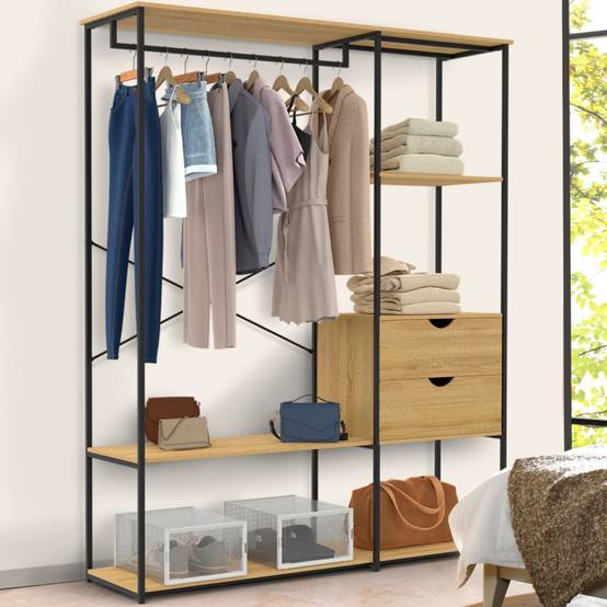 Dressing penderie avec étagères et 2 tiroirs L. 130 cm DETROIT design industriel - Image 1