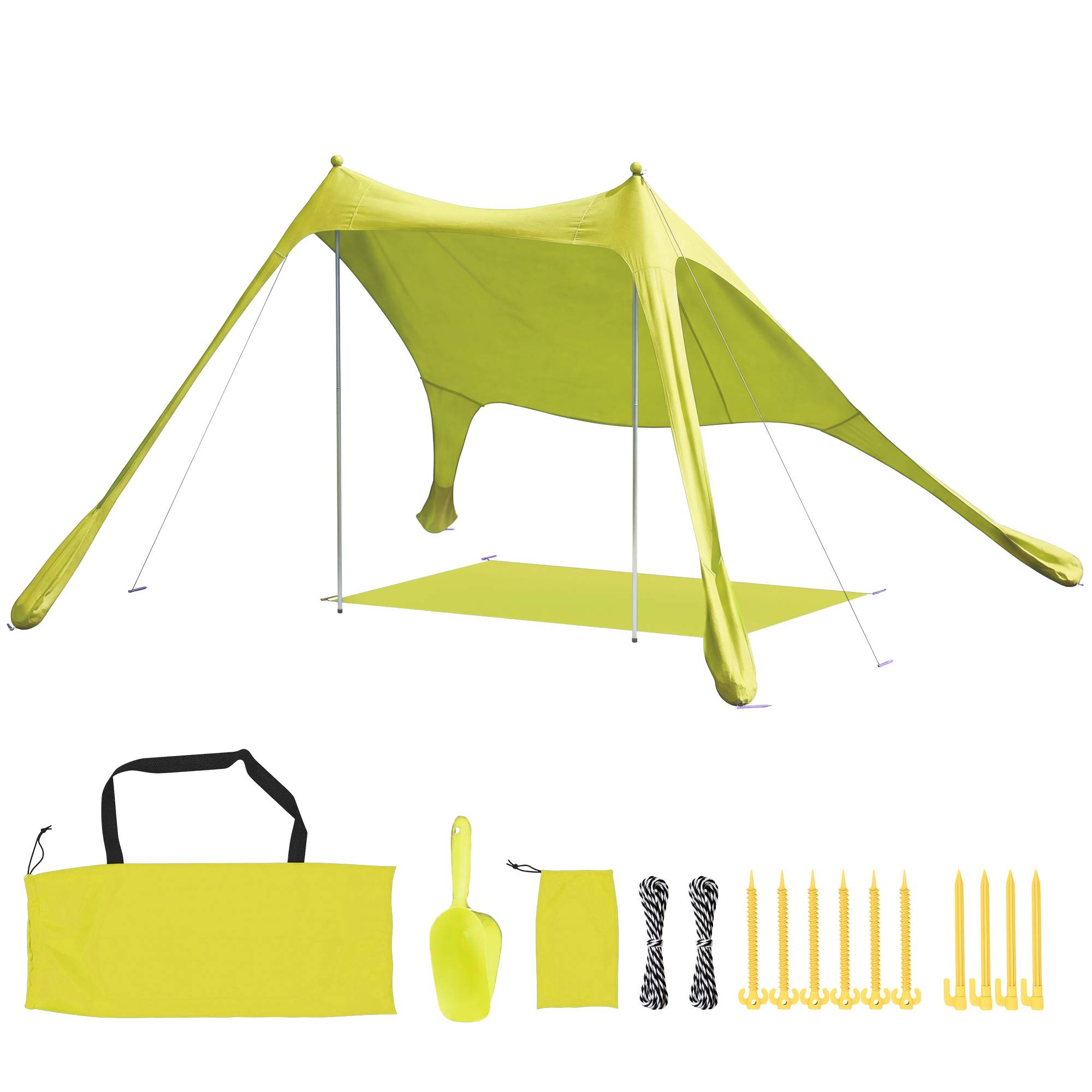 Tente verte de plage pliable tapis de sol UPF50+ poteaux aluminium pelle piquets sac, bord de mer - Image 1