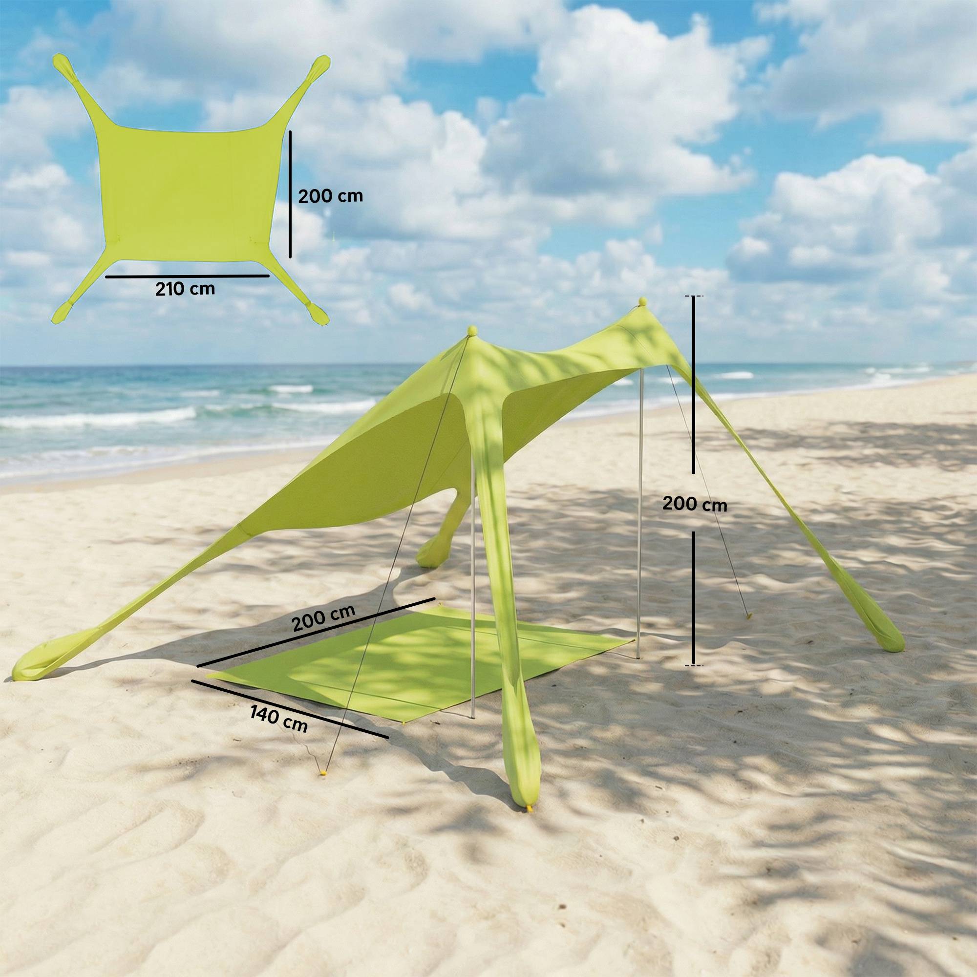 Tente verte de plage pliable tapis de sol UPF50+ poteaux aluminium pelle piquets sac, bord de mer - Image 5