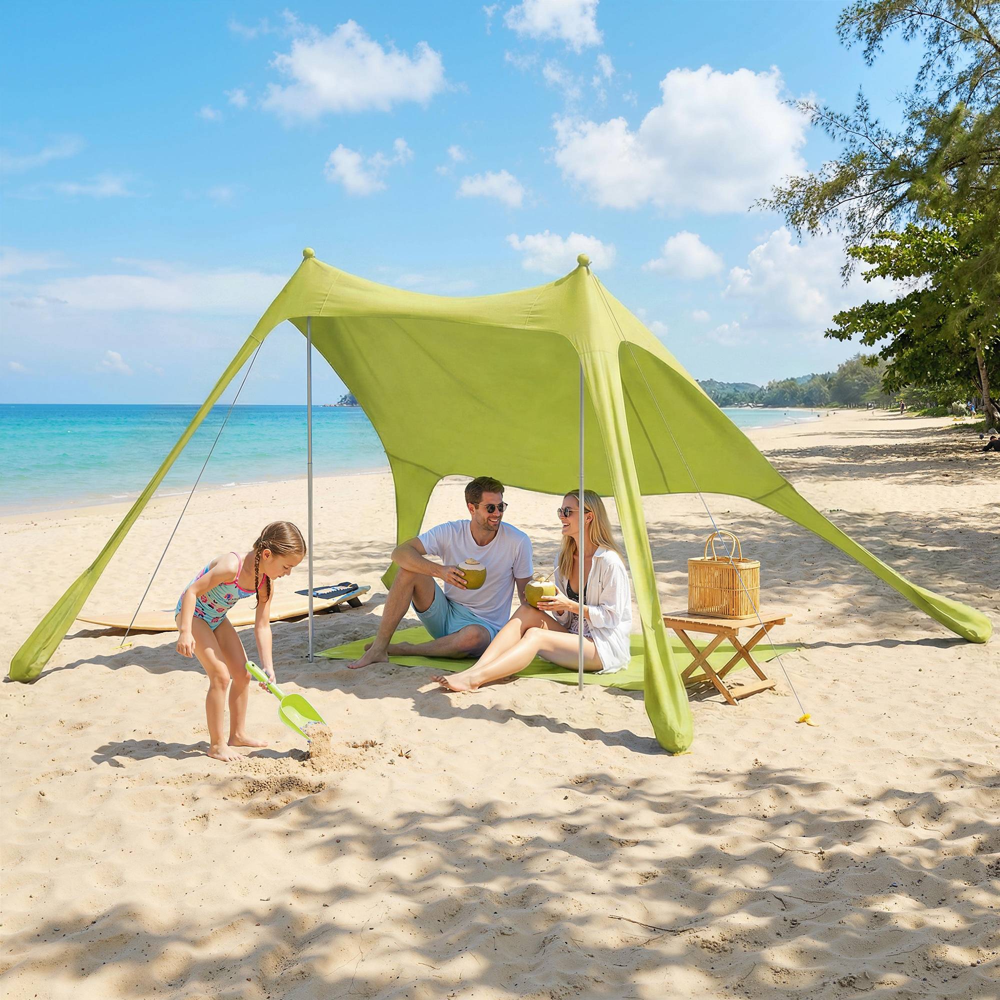 Tente verte de plage pliable tapis de sol UPF50+ poteaux aluminium pelle piquets sac, bord de mer - Image 3