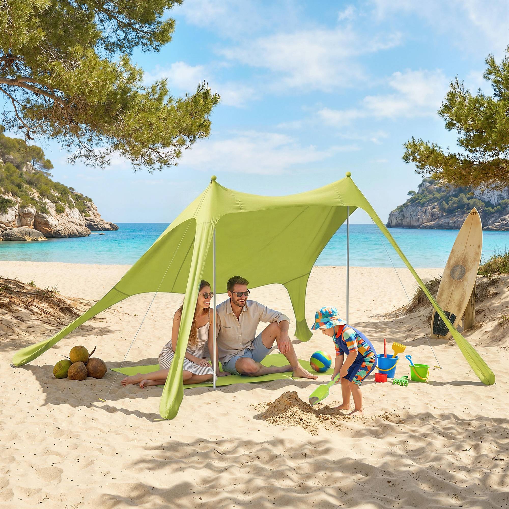 Tente verte de plage pliable tapis de sol UPF50+ poteaux aluminium pelle piquets sac, bord de mer - Image 4