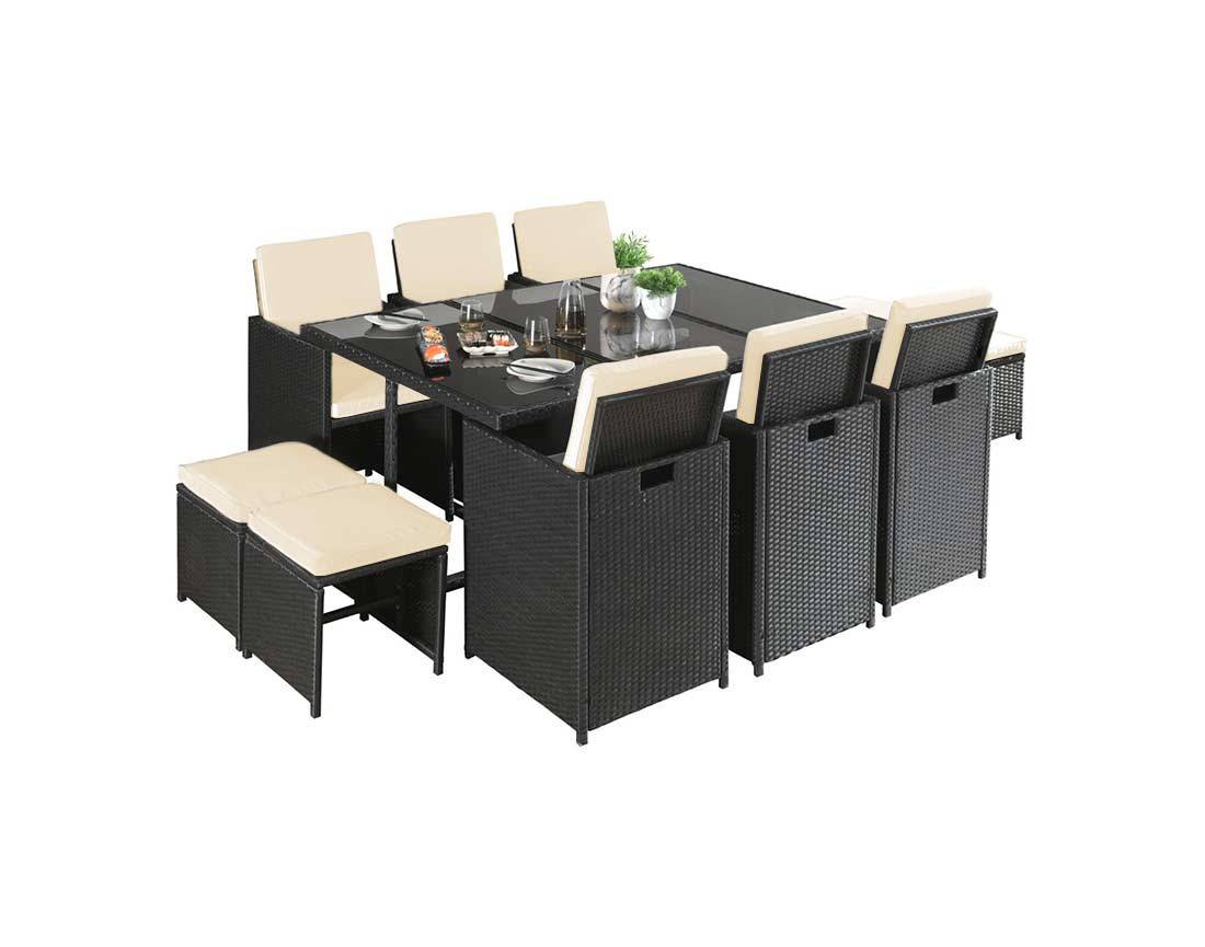 Best Mobilier - Fira - Salon de jardin encastrable 10 places - en résine tressée - Noir avec coussins beiges + housse de protection - Best Mobilier - Image 1