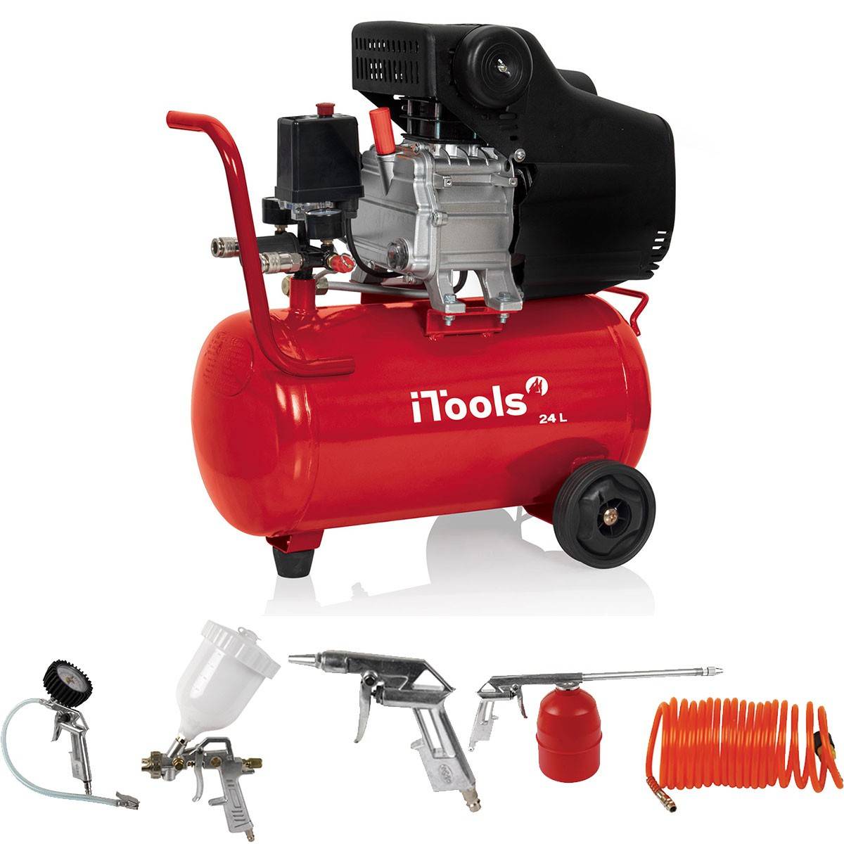 Compresseur d'air 24L 8 bar 2CV 1.5KW 115 PSI + Kit Air comprimé 5 Pièces ITOOLS - Image 1
