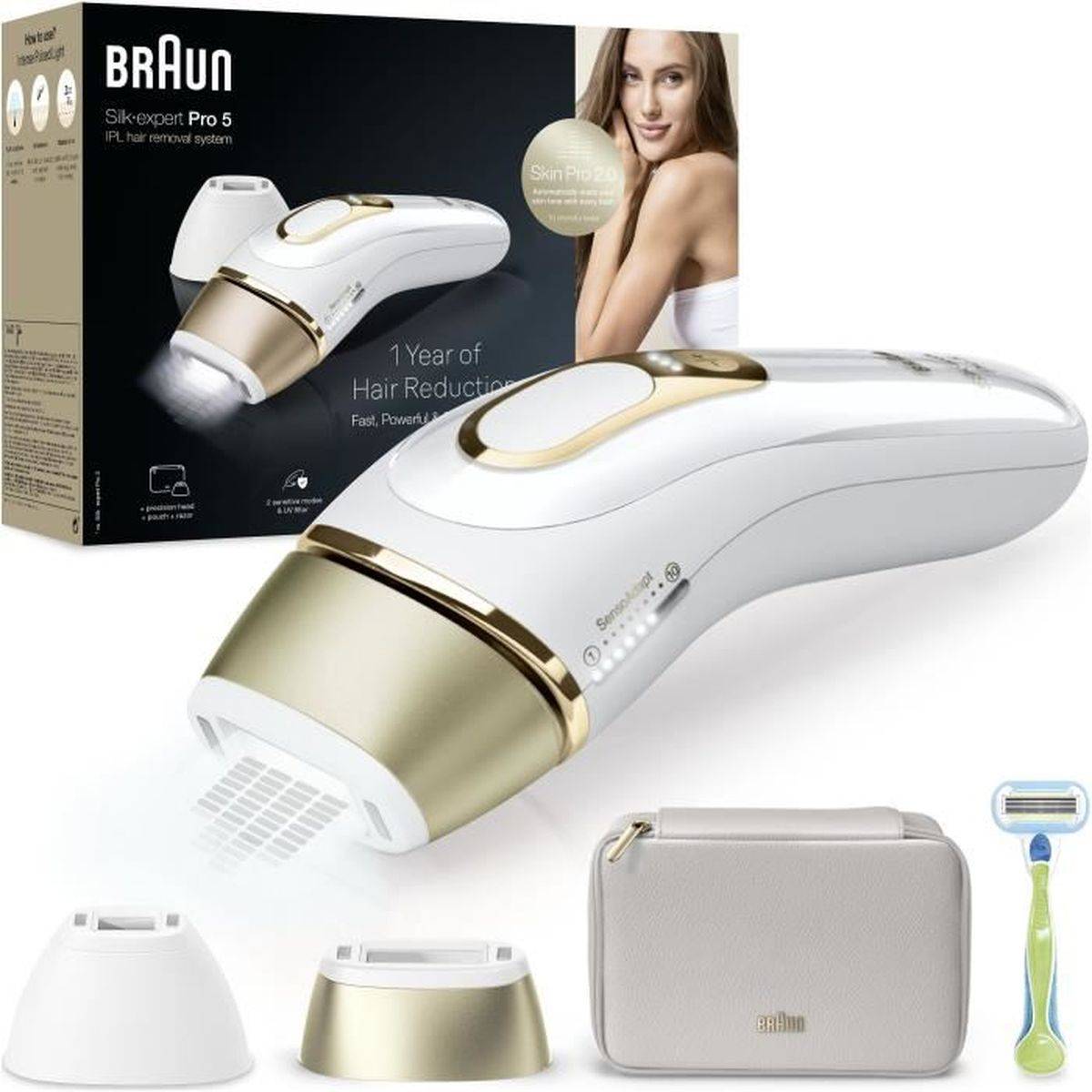 Braun - Appareil d’épilation IPL Silk-expert Pro 5, SkinPro 2.0, 10 niveaux d’intensité, blanc - Braun