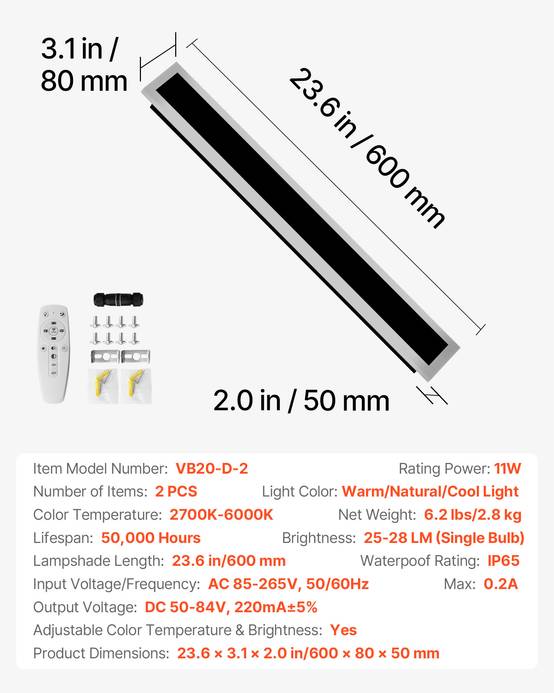VEVOR Applique Murale Extérieur Éclairage LED 11 W Lot de 2 60 cm 2700 K-6000 K - Image 7