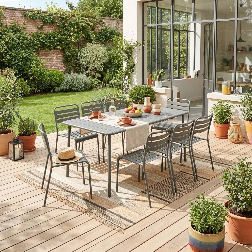 sweeek - Table de jardin métal + 8 assises kaki traitement antirouille. lattes et bords arrondis  | sweeek - Image 1