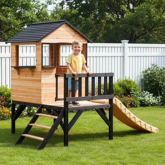 Maisonnette sur pilotis bois massif naturel avec toboggan blanc 118cm Abracadaprout - Image 1