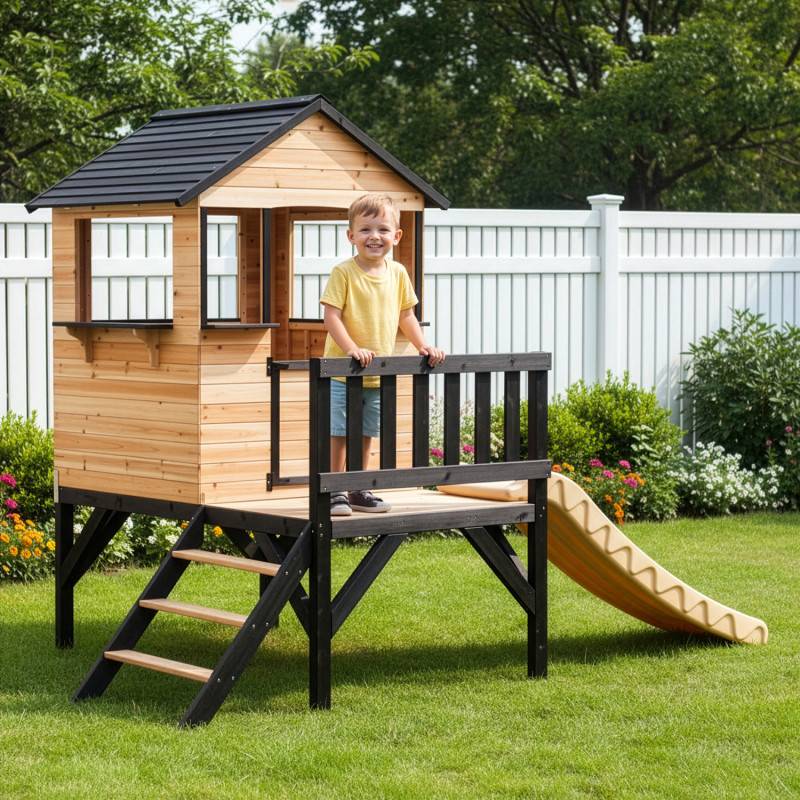 Maisonnette sur pilotis bois massif naturel avec toboggan blanc 118cm Abracadaprout - Image 1