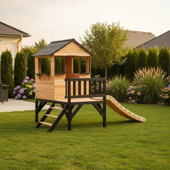 Maisonnette sur pilotis bois massif naturel avec toboggan blanc 118cm Abracadaprout - Image 2