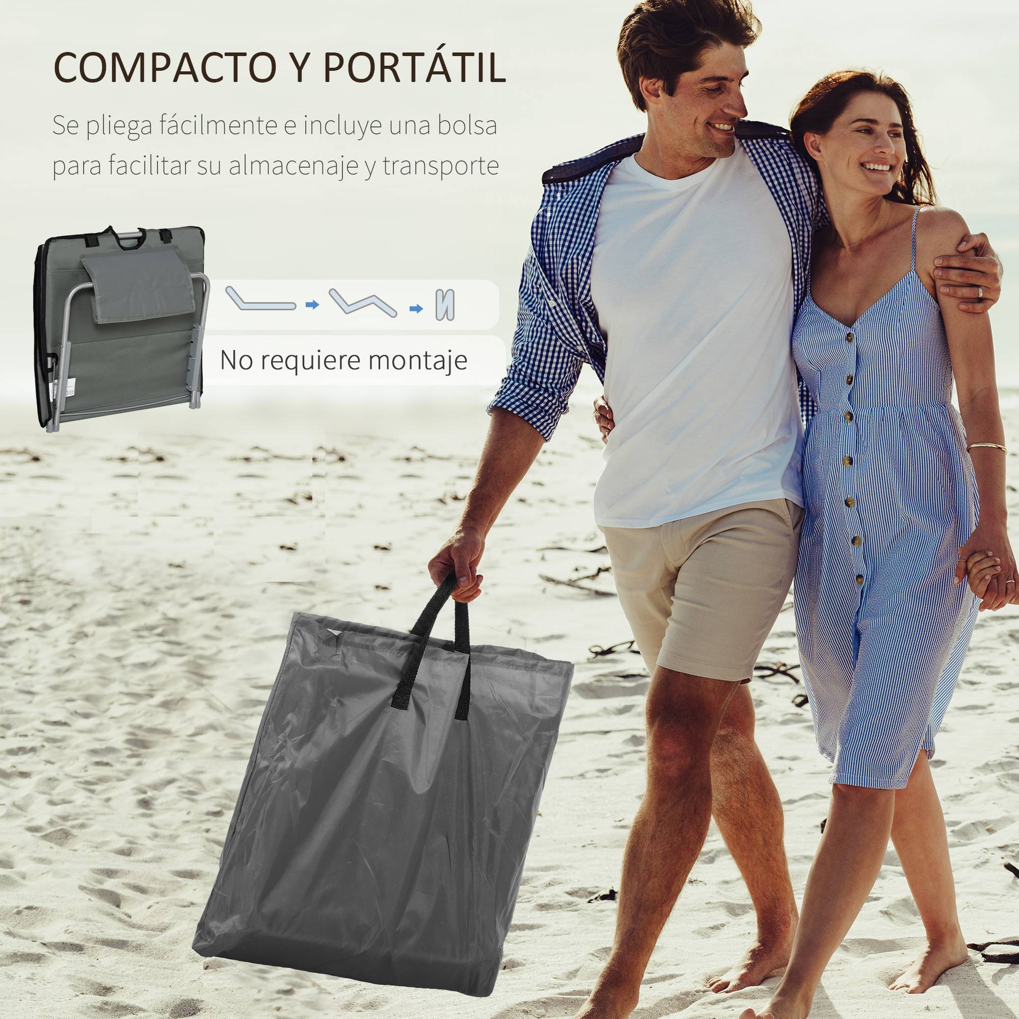 Lot de 2 Tapis de Plage Pliables avec Dossier et Appui-Tête Réglables, Tissu Oxford et Cadre Acier, Sac de Transport, 124 x 53 x 45 cm, Gris - Image 7