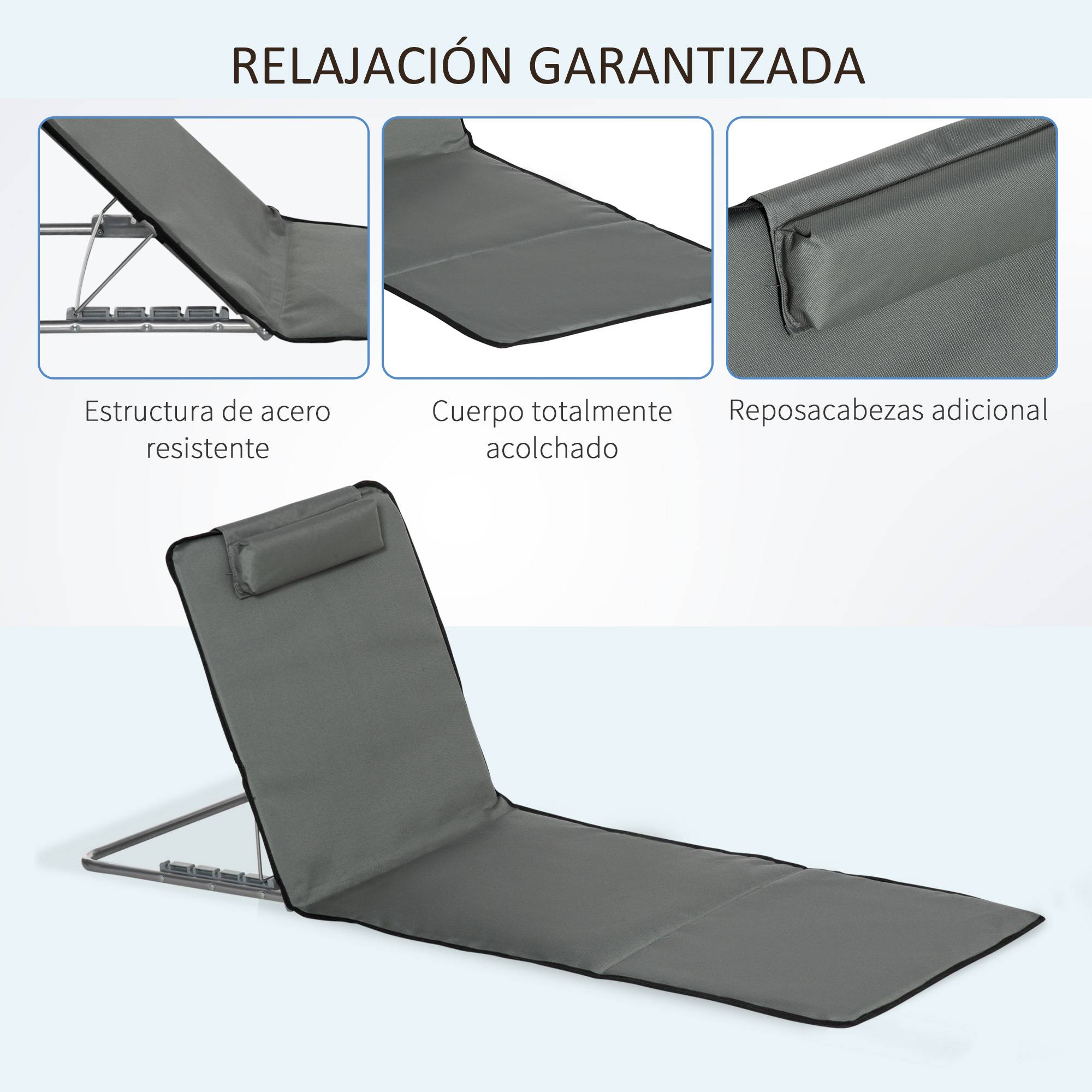 Lot de 2 Tapis de Plage Pliables avec Dossier et Appui-Tête Réglables, Tissu Oxford et Cadre Acier, Sac de Transport, 124 x 53 x 45 cm, Gris - Image 9
