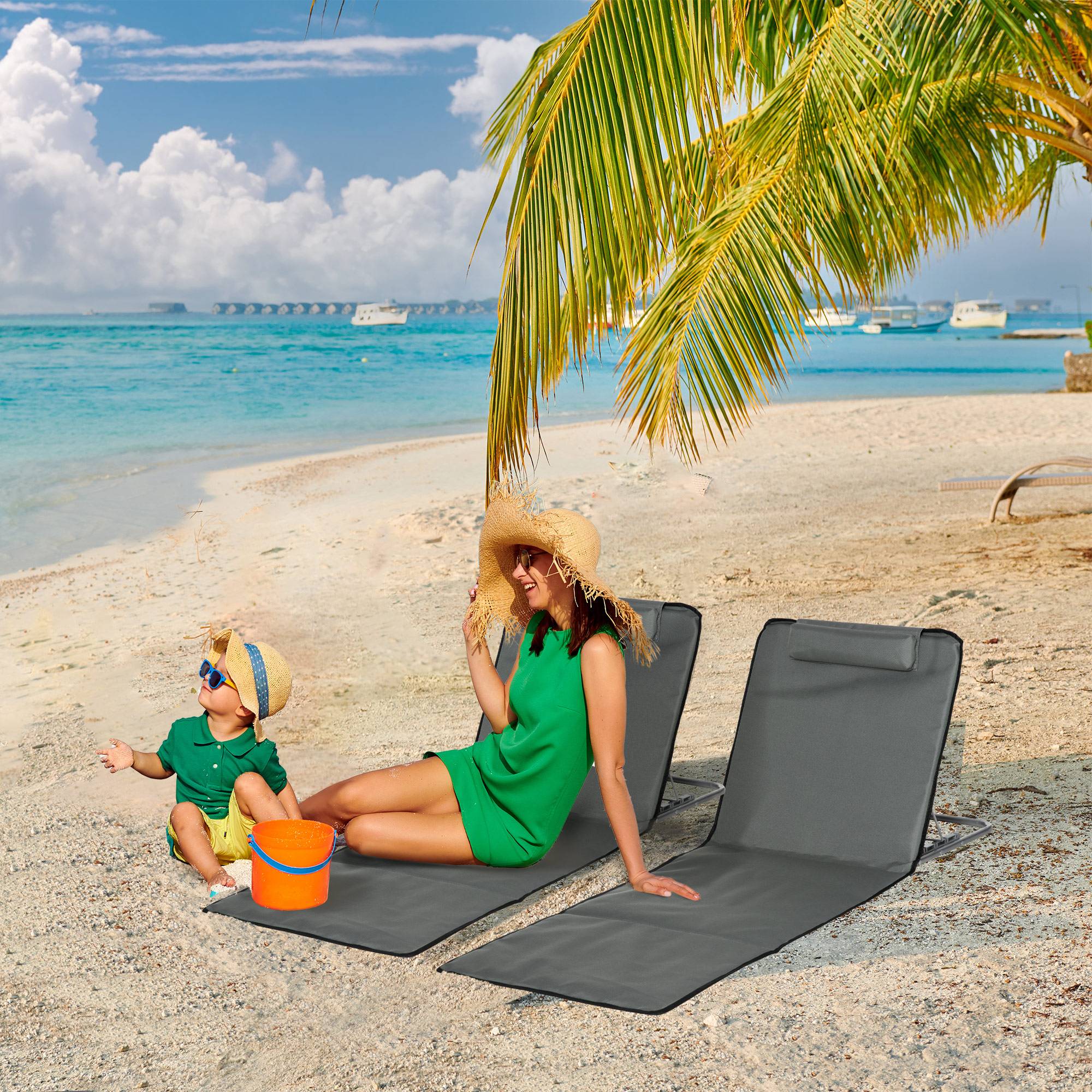 Lot de 2 Tapis de Plage Pliables avec Dossier et Appui-Tête Réglables, Tissu Oxford et Cadre Acier, Sac de Transport, 124 x 53 x 45 cm, Gris - Image 4