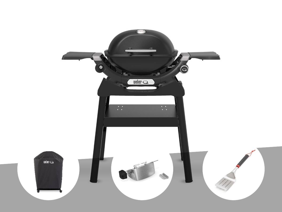 Weber - Barbecue à gaz Q 1200N noir avec pied + Housse + Rôtissoire + Spatule - Weber