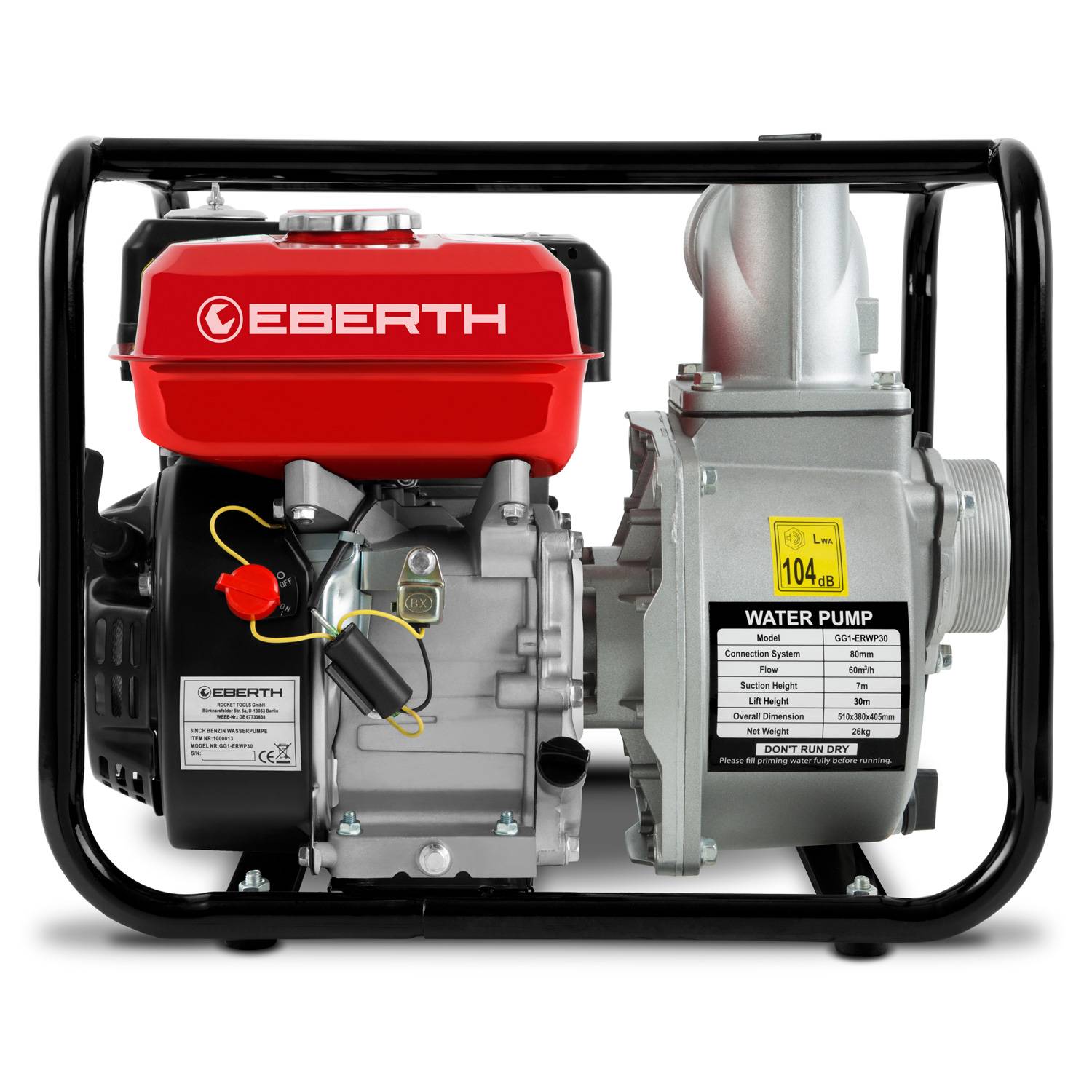 EBERTH - EBERTH Pompe a Eau Pompe de Jardin a Essence, Moteur 6,5CV, 4 Temps, Débit 60.000l/h, Raccord 3 Pouce, Hauteur d'Aspiration 7m - Image 4
