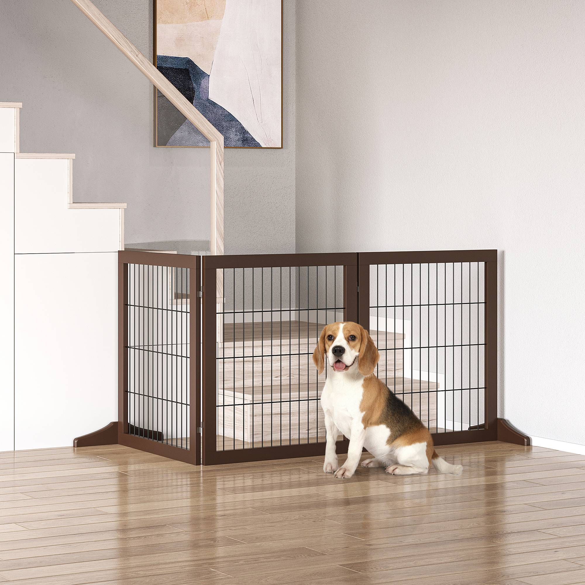 Barrière Sécurité Chien Bois Pin Massif Escalier Porte Protection Pliable 185cm Brun - ComfortXL Pet Living - Image 1
