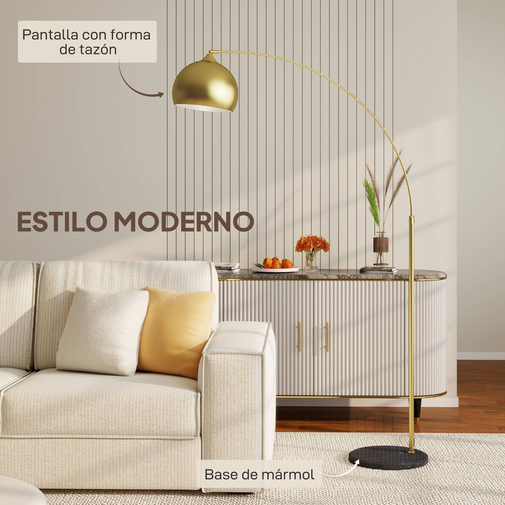 Lampadaire arqué doré 40W dimensions ajustables 110–115 × 35 × 170–180 cm interrupteur au pied intérieur - Image 6