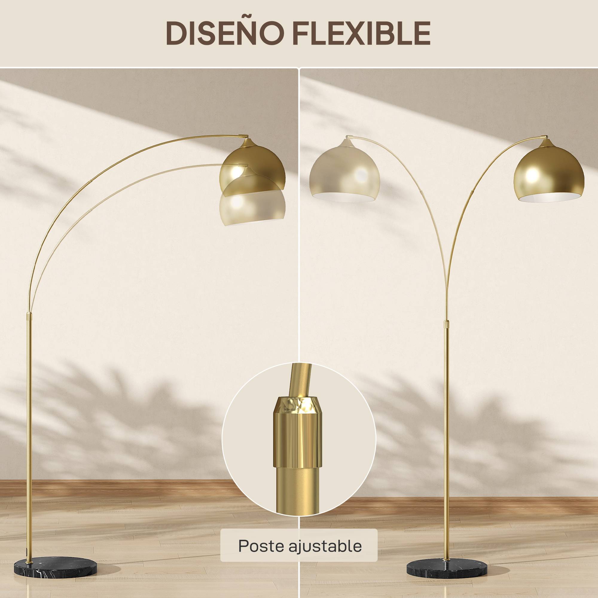 Lampadaire arqué doré 40W dimensions ajustables 110–115 × 35 × 170–180 cm interrupteur au pied intérieur - Image 7