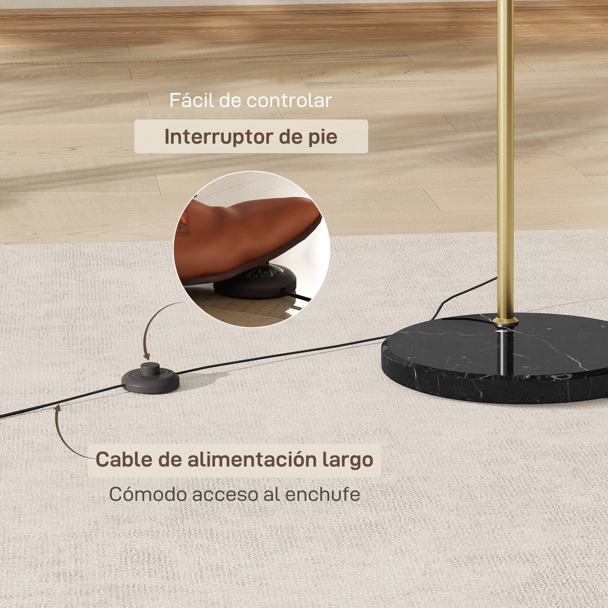 Lampadaire arqué doré 40W dimensions ajustables 110–115 × 35 × 170–180 cm interrupteur au pied intérieur - Image 8