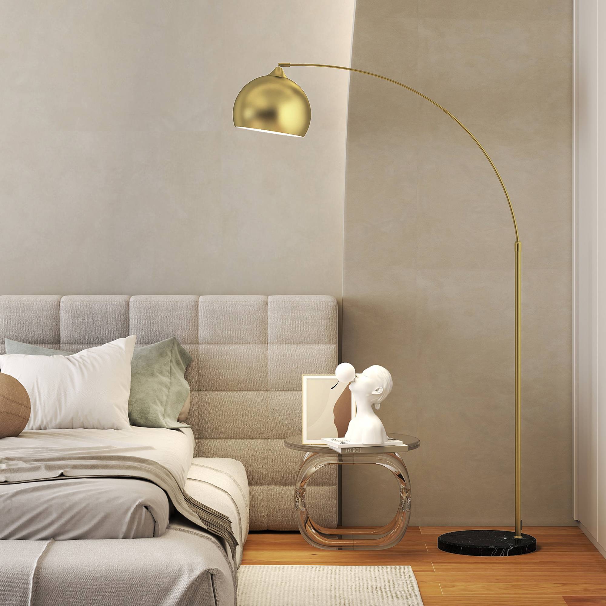 Lampadaire arqué doré 40W dimensions ajustables 110–115 × 35 × 170–180 cm interrupteur au pied intérieur - Image 10