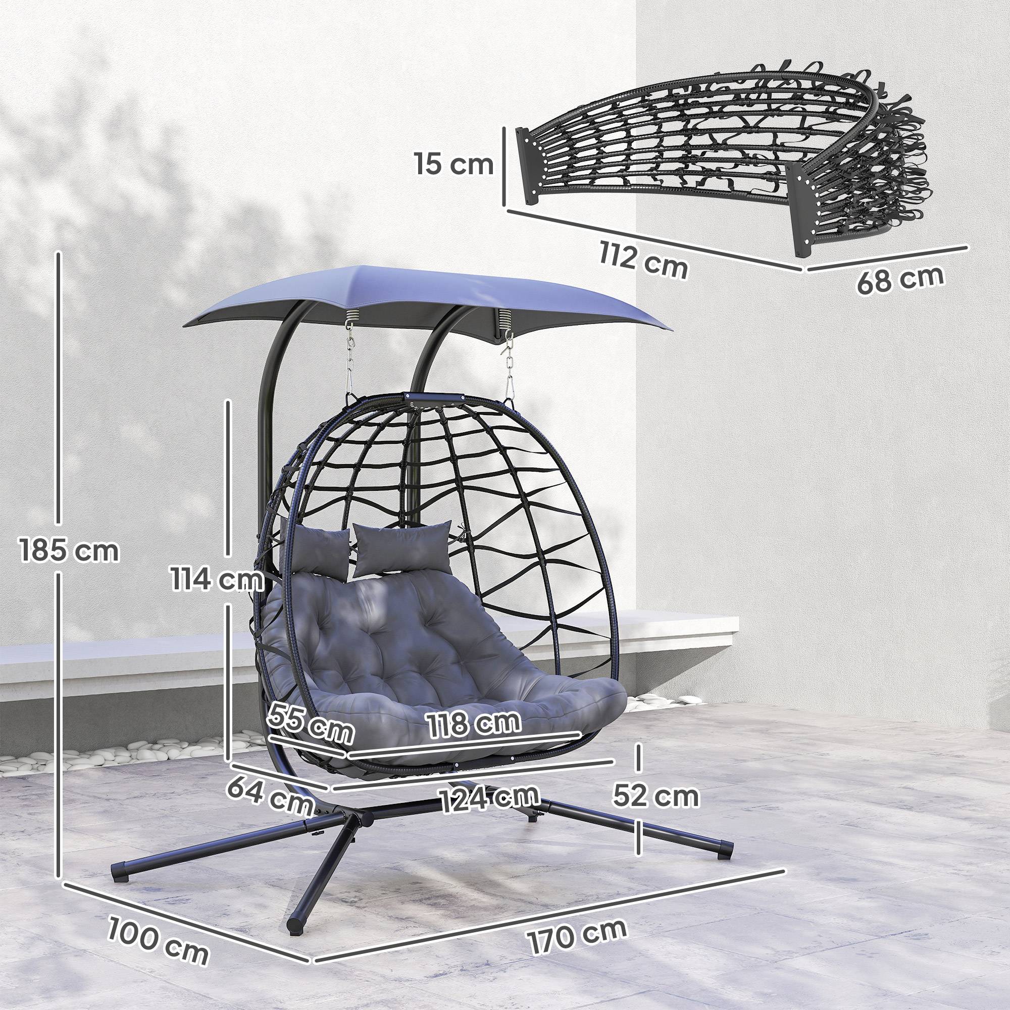 ComfortXL - Fauteuil suspendu 2 places en résine tressée acier gris foncé avec auvent extérieur pliable et confortable - Image 3