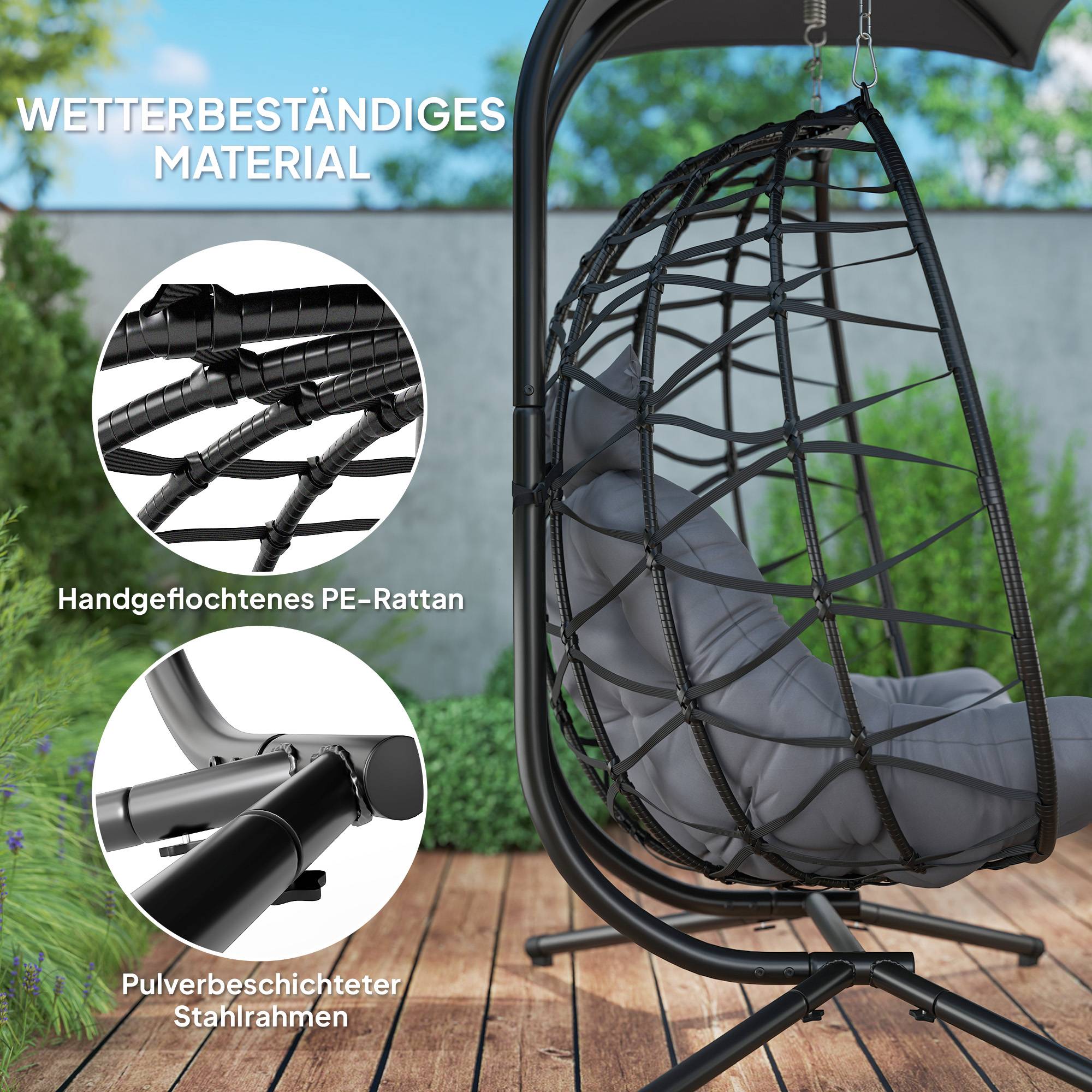 ComfortXL - Fauteuil suspendu 2 places en résine tressée acier gris foncé avec auvent extérieur pliable et confortable - Image 6