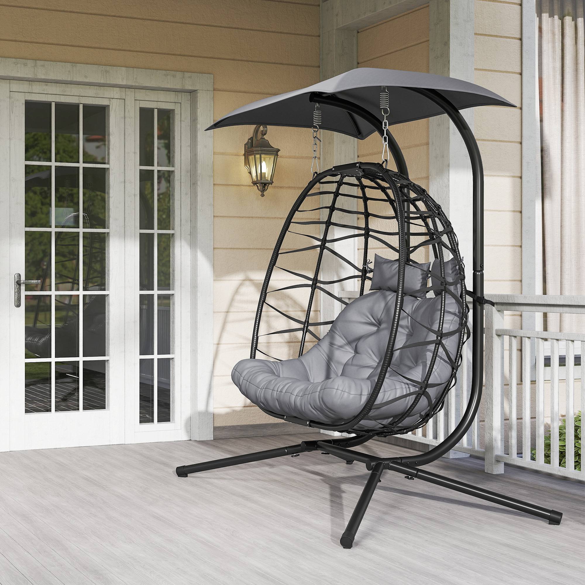 ComfortXL - Fauteuil suspendu 2 places en résine tressée acier gris foncé avec auvent extérieur pliable et confortable - Image 9