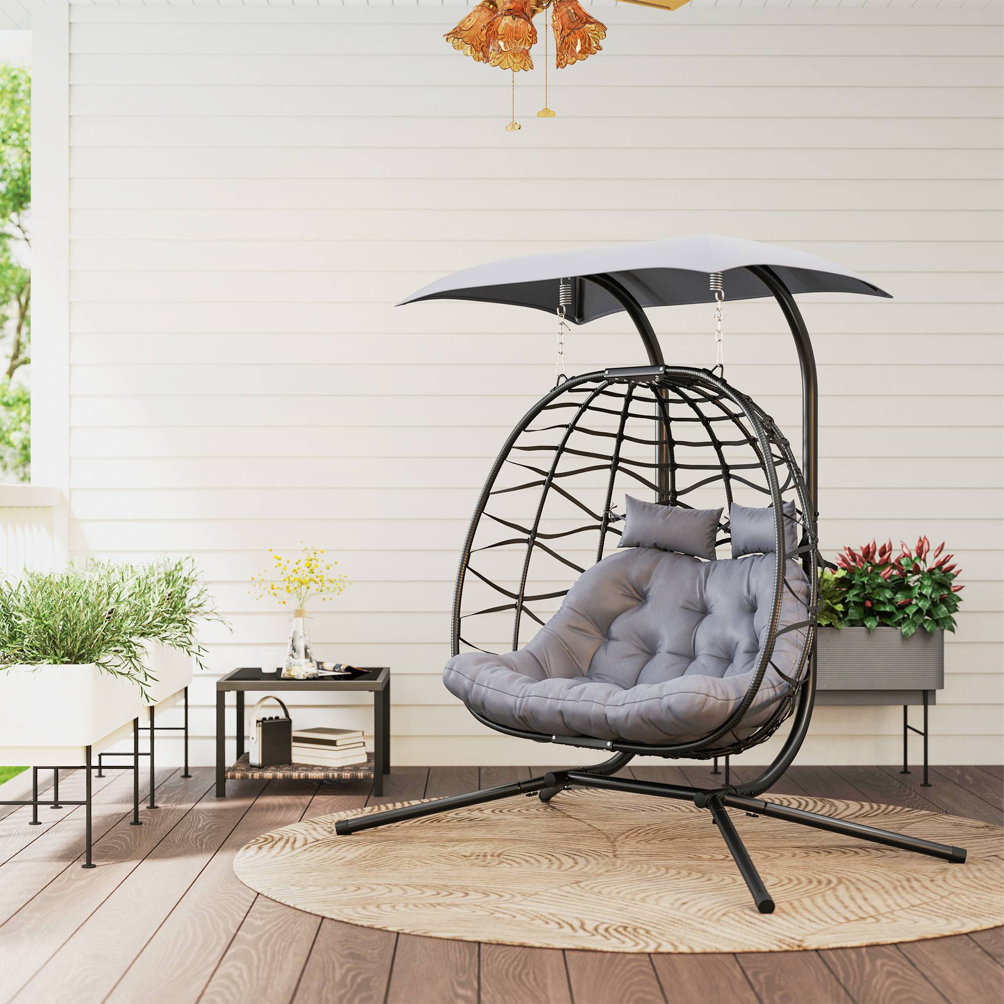 ComfortXL - Fauteuil suspendu 2 places en résine tressée acier gris foncé avec auvent extérieur pliable et confortable - Image 1