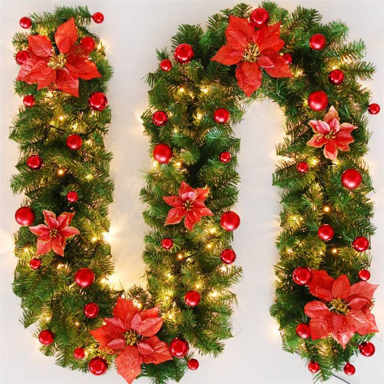 Guirlande de Noël 270 cm avec lumière LED, décoration de Noël, guirlande de fleurs rouges artificielles, vignes décoratives de Noël, couronne de Noël - Image 1