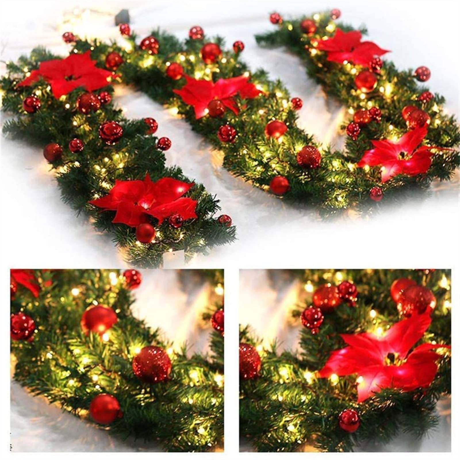 Guirlande de Noël 270 cm avec lumière LED, décoration de Noël, guirlande de fleurs rouges artificielles, vignes décoratives de Noël, couronne de Noël - Image 4