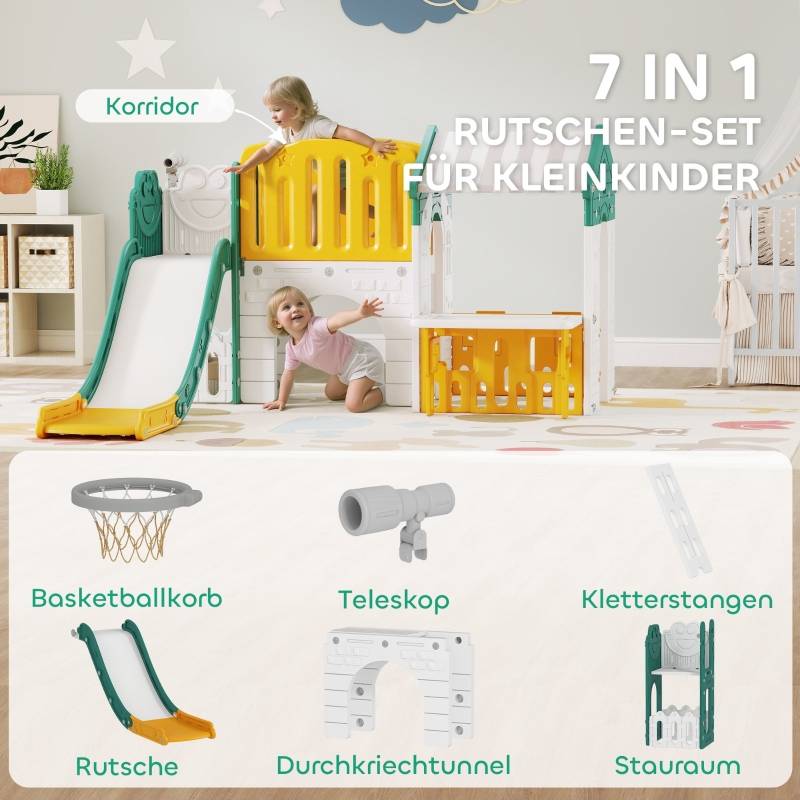 Toboggan 7-en-1, aire de jeu intérieure, structure d’escalade, cabane, tableau, panier de basket, plastique jaune+vert, 1-4 ans - Image 4