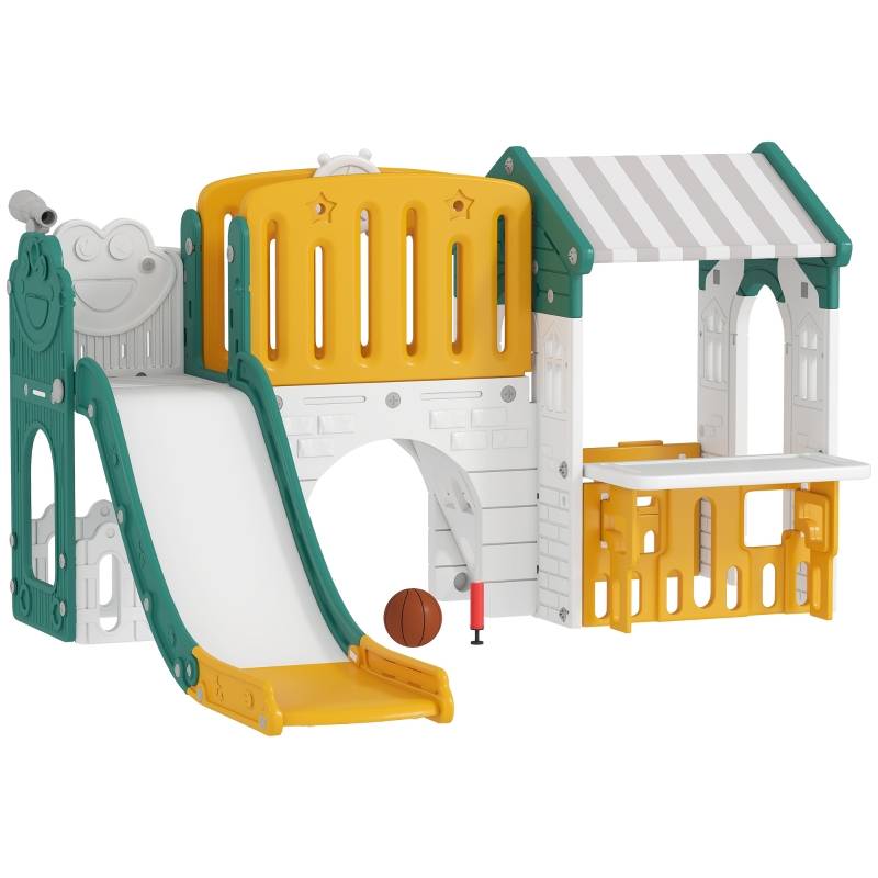 Toboggan 7-en-1, aire de jeu intérieure, structure d’escalade, cabane, tableau, panier de basket, plastique jaune+vert, 1-4 ans - Image 1