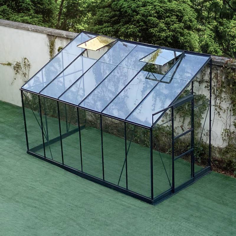 Serre adossée 7,22m² aluminium anthracite verre trempé 4mm Green Protect Prima avec embase - Image 5