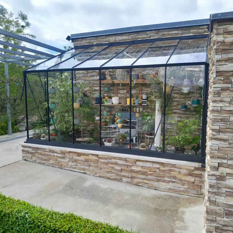 Serre adossée 7,22m² aluminium anthracite verre trempé 4mm Green Protect Prima avec embase - Image 3